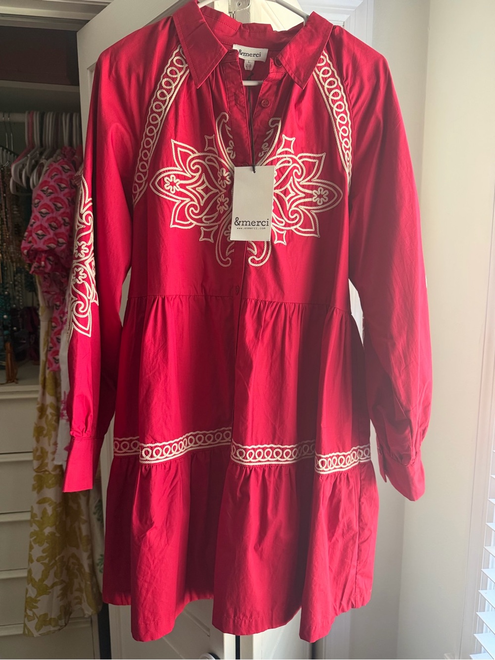 &merci Red Long-Sleeve Embroidered Tiered Dress bust 21” length is 34”